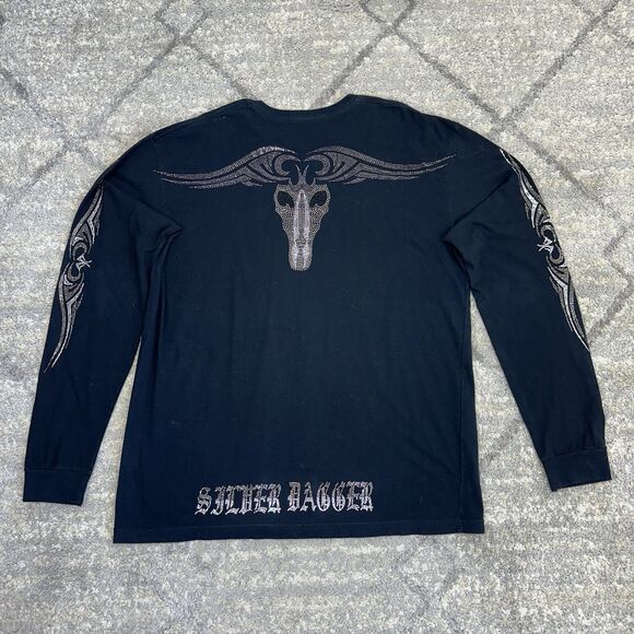 Silver Dagger Men's Embellished Ram Skull T-shirt Black 2XL Long Sleeve Biker - Picture 2 of 10